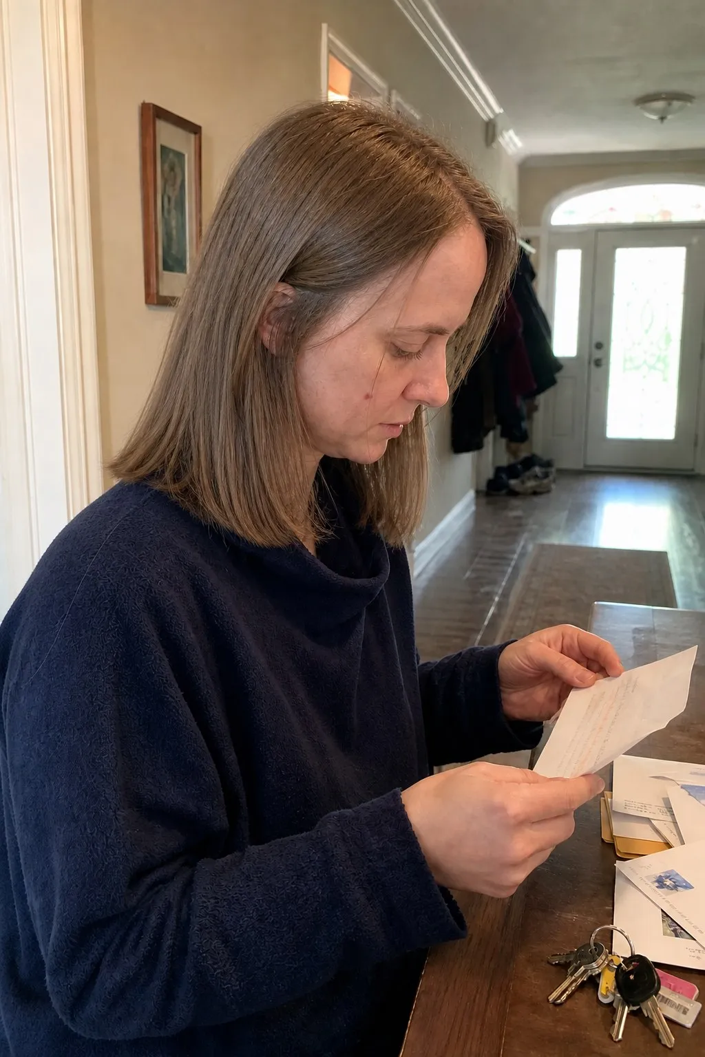 A woman reading a letter before and after a blunt collarbone cut