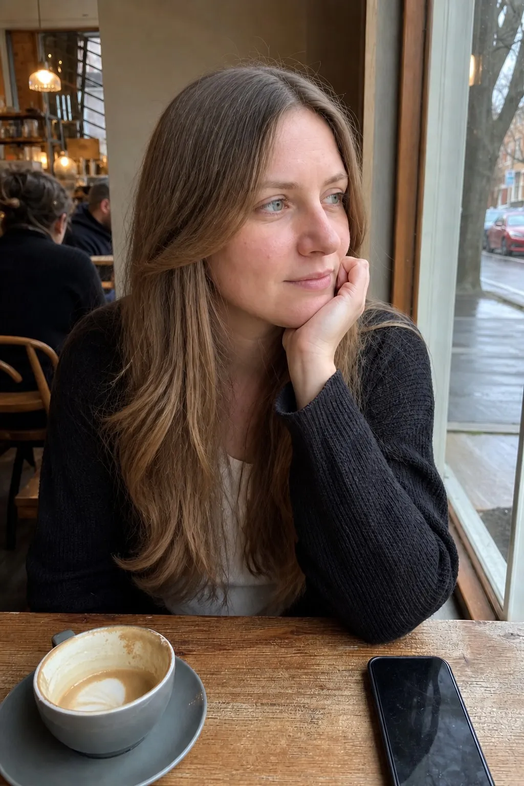 A woman at a cafe window before and after long layers with curtain bangs