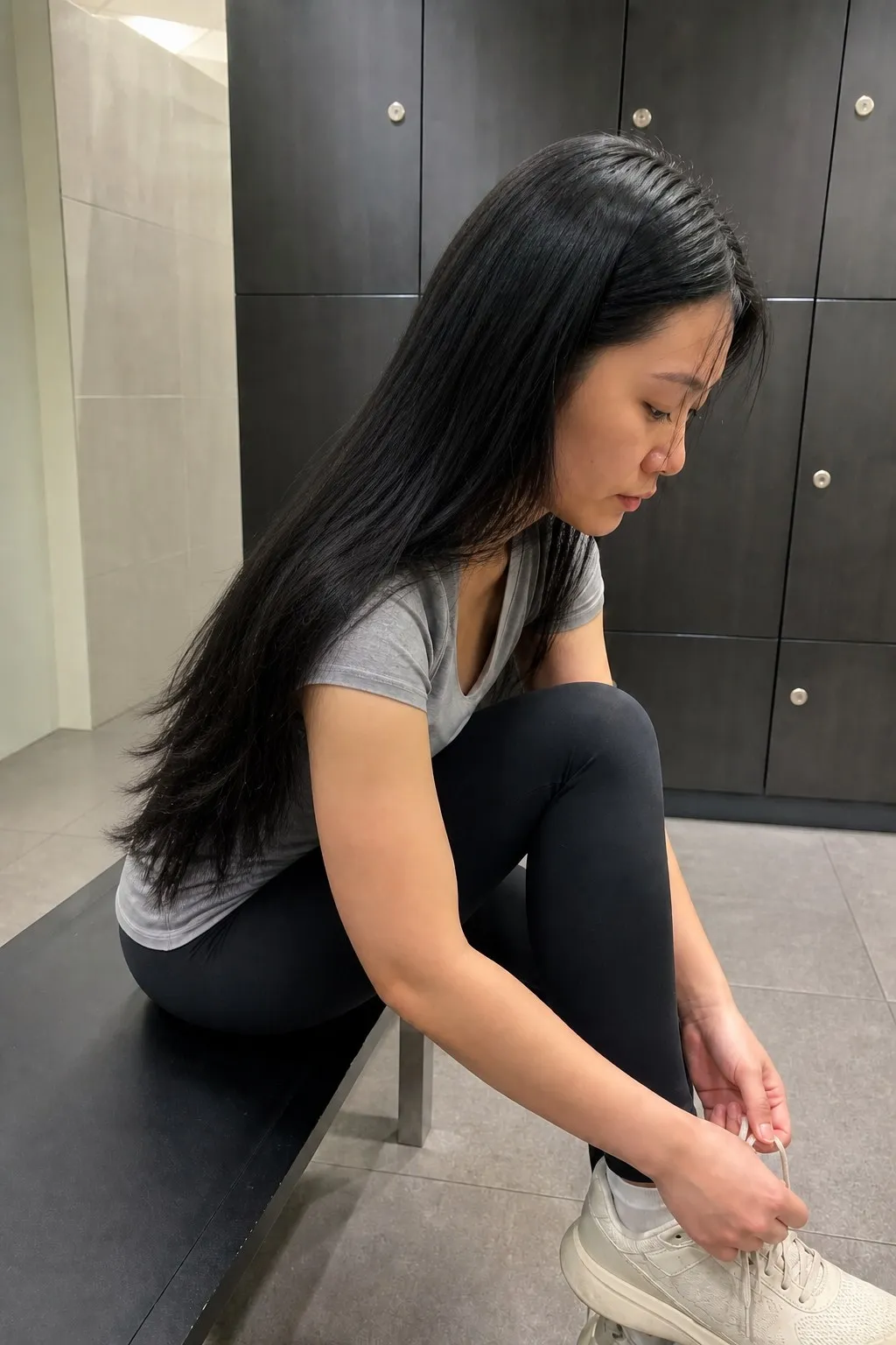 A woman tying her shoes in a gym changing room before and after long layers with thinned ends