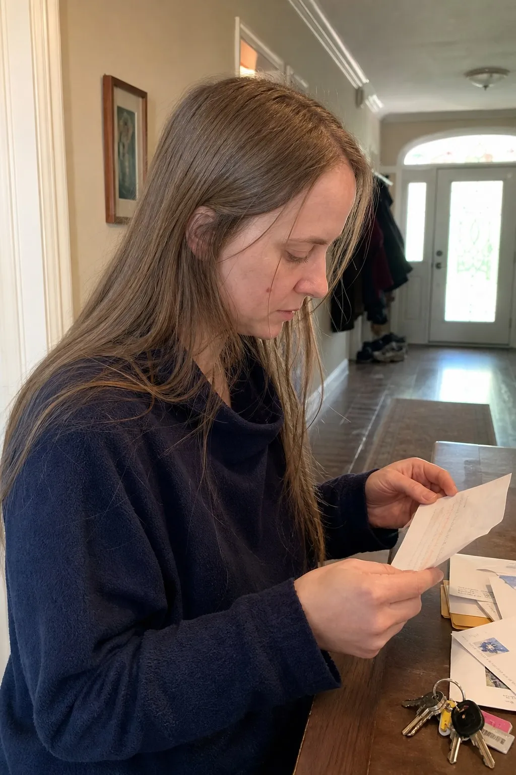 A woman reading a letter before and after a blunt collarbone cut - before