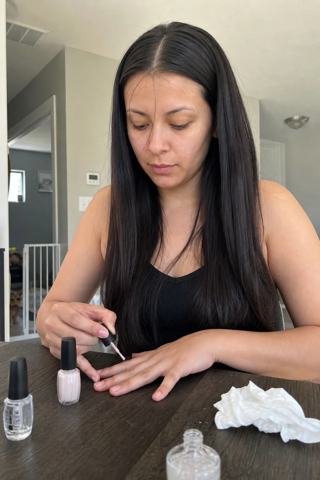 A woman with an oblong face before and after side part with soft waves - before