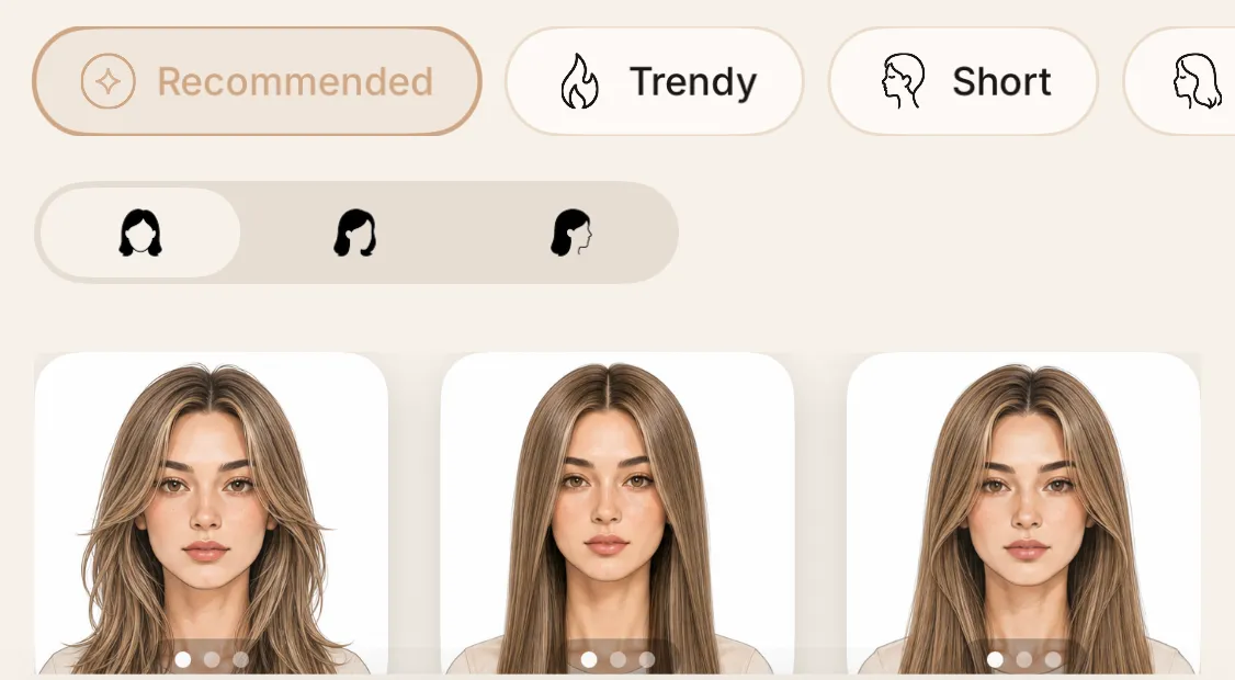 HaircutAI style browser with filters and haircut preview cards