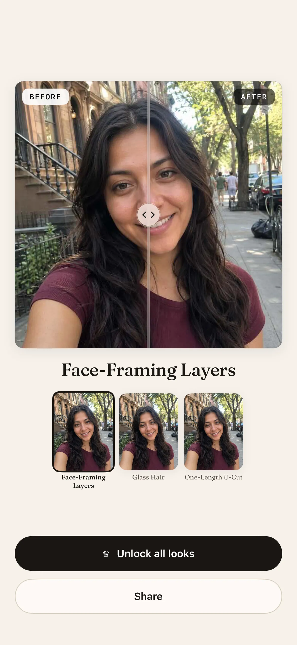 HaircutAI app screen comparing before and after photos with a slider