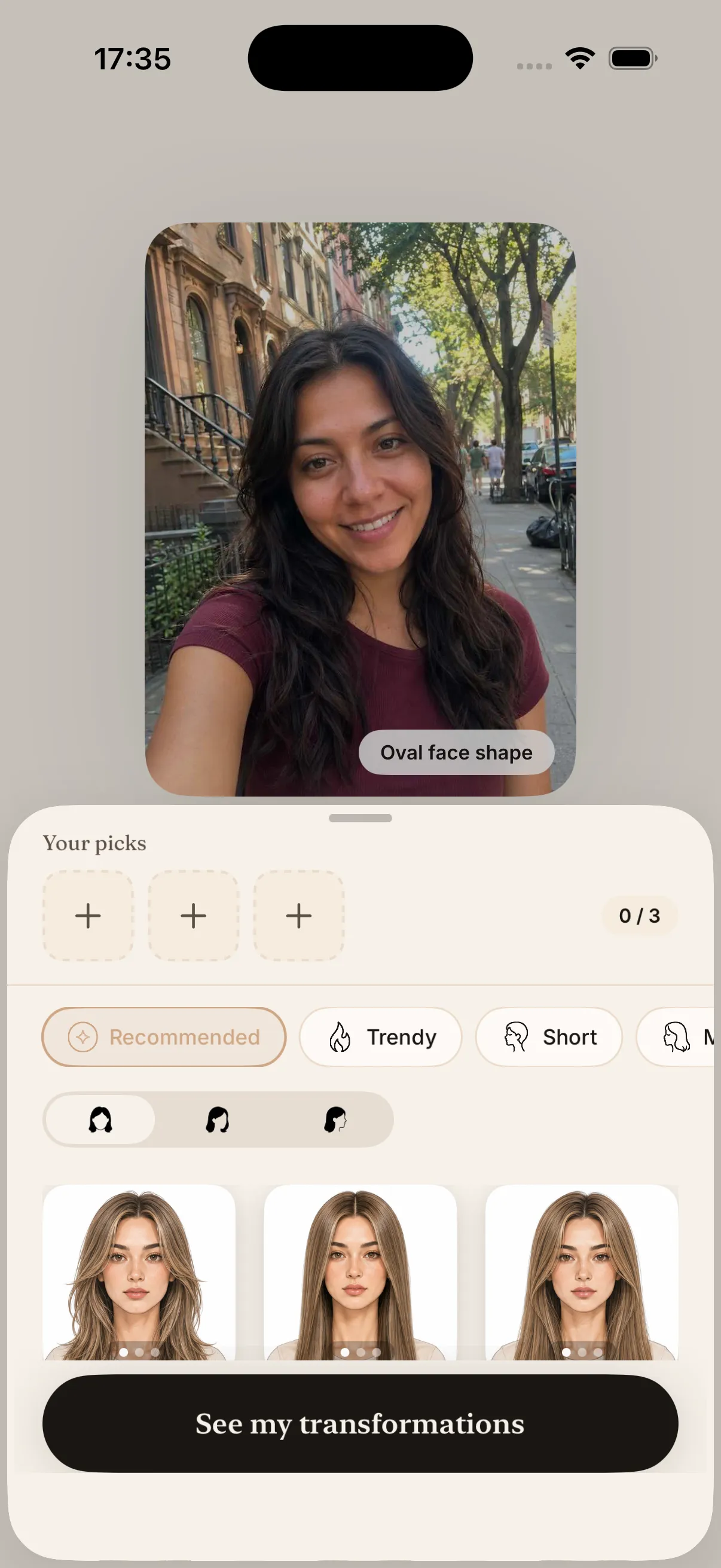 HaircutAI app screen with a grid of 45+ haircut styles to choose from