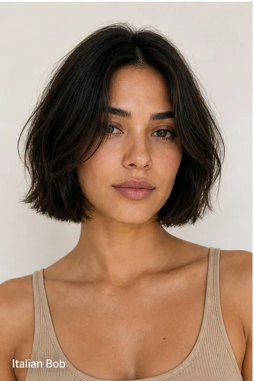 AI preview of the same person with an Italian bob haircut